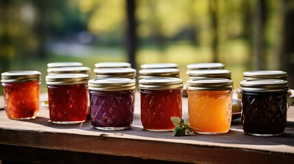 Fototapeta na wymiar a rustic shot of an assortment of homemade jams, generative ai