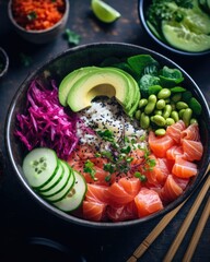a vibrant and fresh poke bowl with raw fish, generative ai