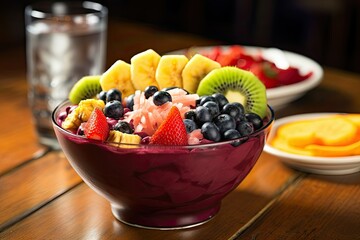 a vibrant tropical acai bowl garnished with slices of fresh fruit, generative ai