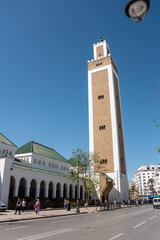 Fototapeta premium Minaret of mosque Mohammed V in the center of Tangier in Morocco