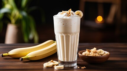  a glass of milkshake next to a banana on a table.  generative ai