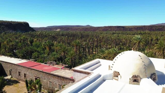 Aerial Shot Of Mission San Ignacio Kadakaaman By Palm Trees, Drone Flying Backward Over Catholic Church Against Blue Sky On Sunny Day - Baja California, Mexico