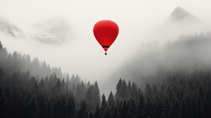  a red hot air balloon flying over a forest filled with trees.  generative ai