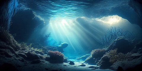 Obraz premium Underwater seascape - rays of light, fish and coral reef. Generative AI