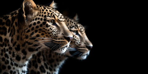Fototapeta na wymiar Portrait of two leopards or jaguars on an isolated black background. Generative AI
