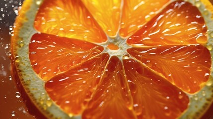  a close up of an orange slice with water droplets on it.  generative ai