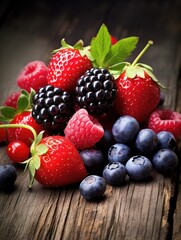 Obraz premium a handful of mixed berries against a rustic wooden background, generative ai
