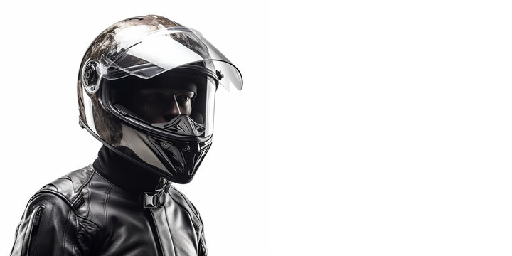 Portrait of a motorcyclist in a matching suit and helmet, close-up and against an isolated white background. Generative AI