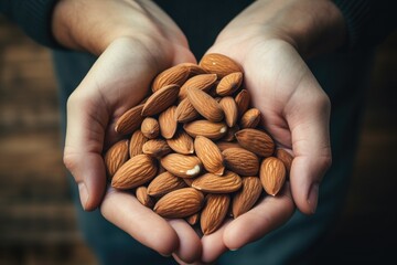 a close-up of a handful of raw almonds, generative ai