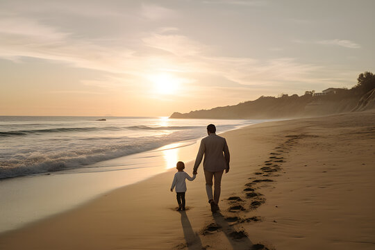 Latino father guiding his son out the way traced footprints on the beach