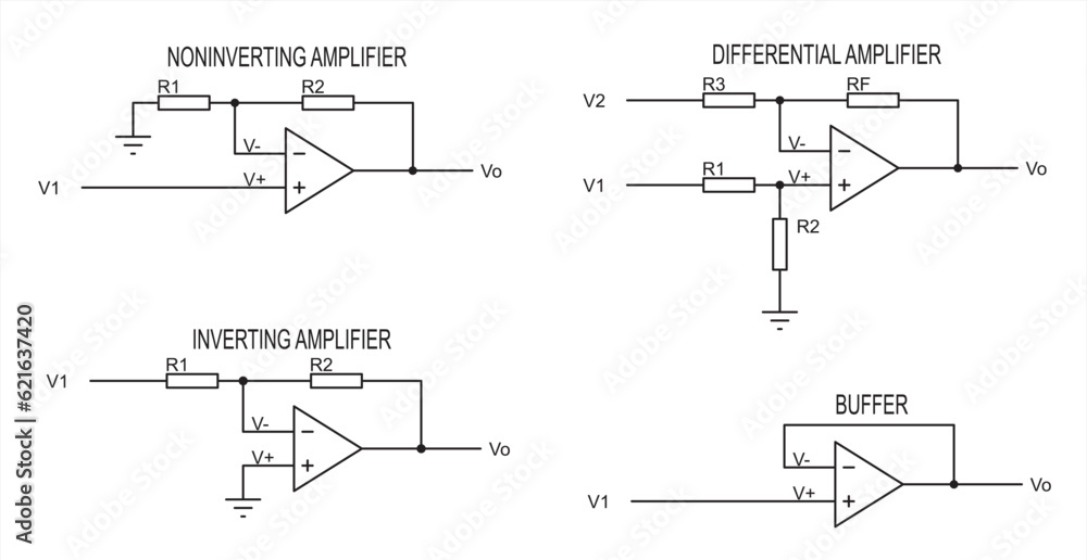 Poster vector drawing electrical circuit with operational amplifier and resistor. schematic diagram of elec