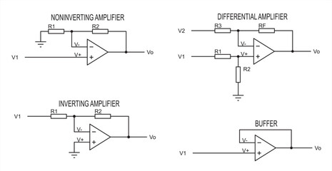 Vector drawing electrical circuit with operational amplifier 
and resistor. Schematic diagram of electronic device.