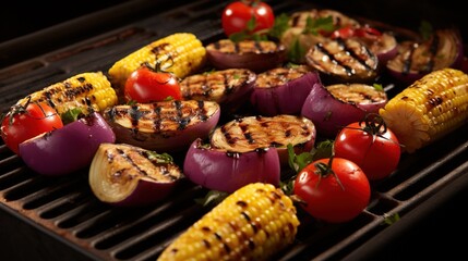 Fototapeta na wymiar a grill with grilled vegetables and corn on the cob. generative ai