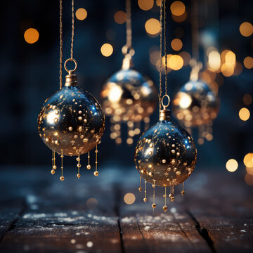Conceptual image of holiday illumination and decorations with Christmas garland bokeh lights set against a dark blue backdrop. Generative Ai, Ai.