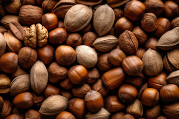 Natural background made from different kinds of nuts, top view. Generative AI