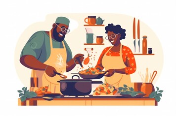 happy african american couple preparing food in the kitchen together.flat illustration.Generative AI