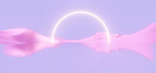 Gordijnen Purper Fantasy landscape of other world, pink mountain valley and arch. Digital painting 3d rendering  © Annuitti