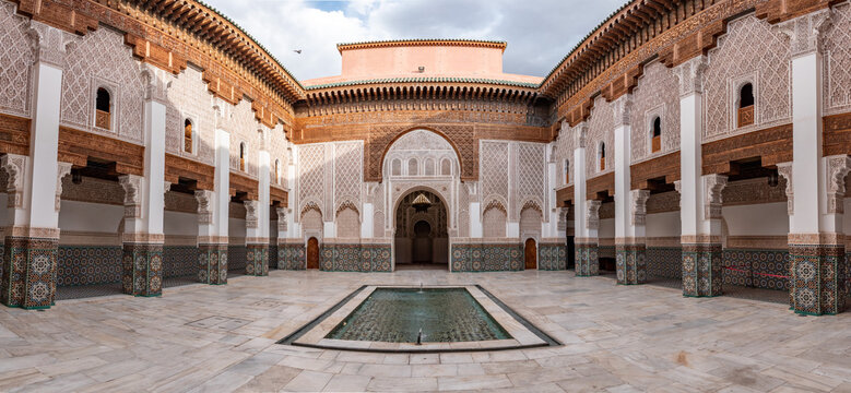 MARRAKECH, MOROCCO - APRIL 18, 2023 - Famous Madrassa Ben Youssef in the medina of Marrakech in Morocco