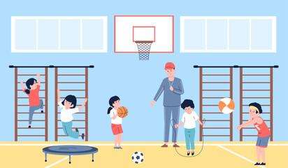 Sport class, teacher and fitness education, gymnastics and jumping. Student athletes, kids play ball. Physical lesson in gym, recent vector scene