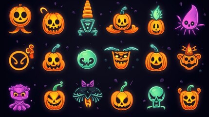 Neon collection of halloween symbols with icons.Generative AI