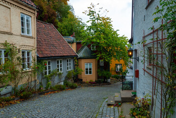 Wooden colorful small houses on Damstredet Street in Oslo, Norway