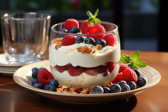 Health-conscious breakfast featuring natural yogurt topped with fresh berries and muesli. Generative Ai.