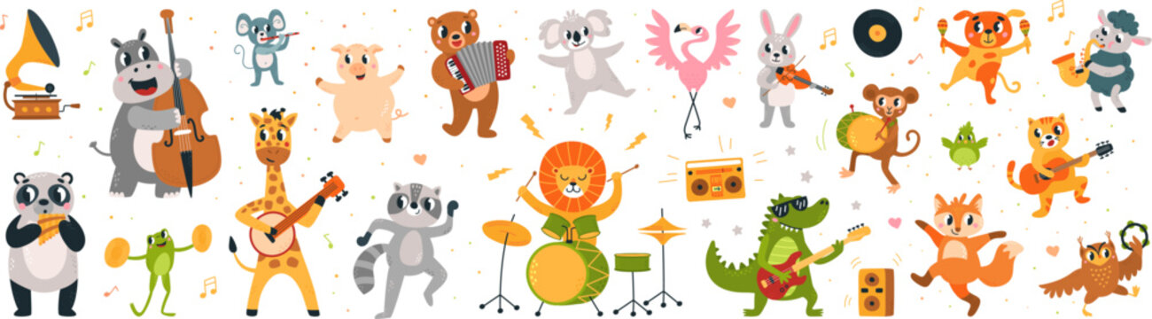 Cartoon musical dancing animals with music instruments. Funny wild animal, raccoon and lion. Musicians and dancers, classy festival vector characters
