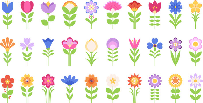 Decorative isolated floral flat icons, blossom flowers with green leaves. Garden piktogramm, color flower symbols. Modern racy seasonal vector clipart