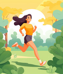 Cheerful young woman running in park, illustration style