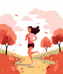 Cheerful young woman running in park, illustration style