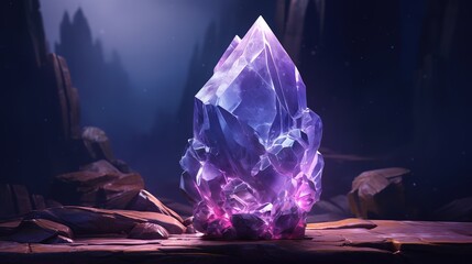 Purple crystal, crystal rocks in the forest at night.Generative AI