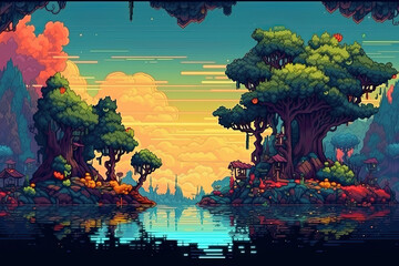 Pixel art landscape style with a river, islands, houses on them and twilight yellow clouds in evening sky, created with Generative AI.