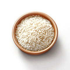  white rice in a clay bowl on a white background .top view. Generative AI