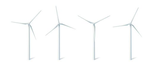 Wind turbines windmills energy power generators. White towers with long vanes for producing alternative eco energy. Vector