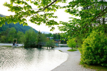 Summer evening landscape on Jasna lake. Nature scenery in Triglav national park. Location: Triglav national park. Kranjska Gora, Slovenia, Europe.