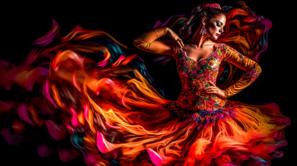woman flamenco dancer in red dress, art portrait, made with Generative AI - obrazy, fototapety, plakaty