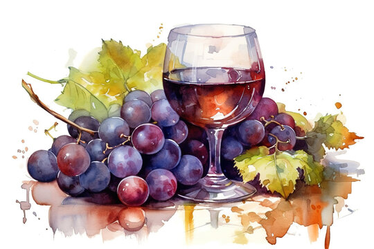 watercolor image of a glass of wine and grapes on a white background. generated ai
