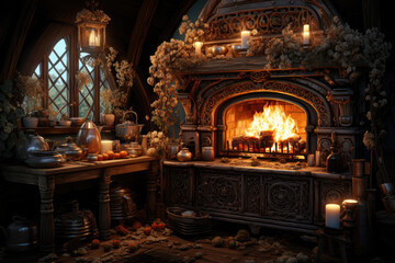 Antique furnace oven with crackling firewood, reminiscent of traditional craftsmanship. Generative Ai.