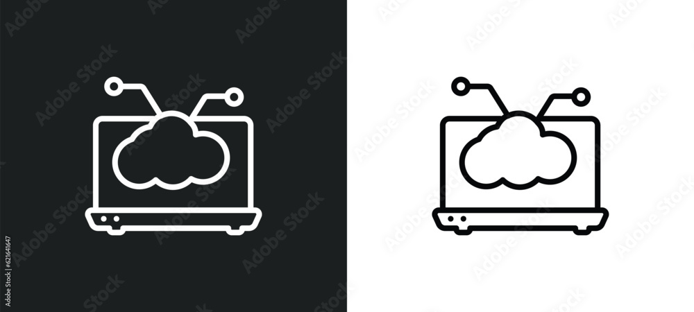 Poster laptop with cloud data outline icon in white and black colors. laptop with cloud data flat vector ic