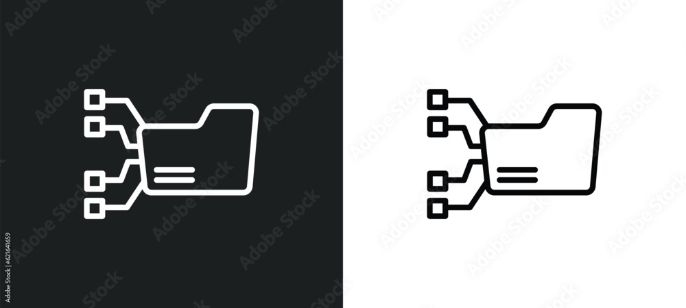 Poster connected folder data outline icon in white and black colors. connected folder data flat vector icon