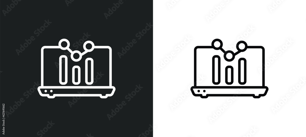 Poster laptop data analytics graphic on screen with circles outline icon in white and black colors. laptop 