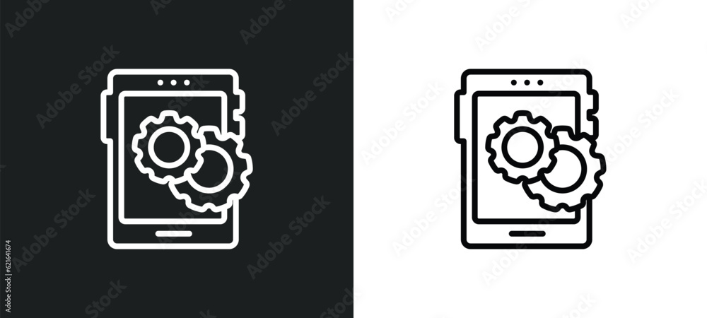 Poster tablet data tings outline icon in white and black colors. tablet data tings flat vector icon from co