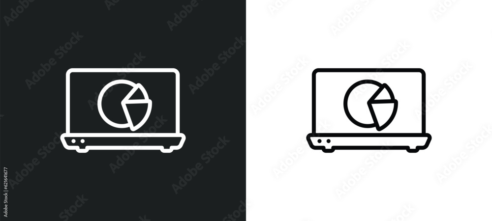 Poster laptop pie chart on screen outline icon in white and black colors. laptop pie chart on screen flat v