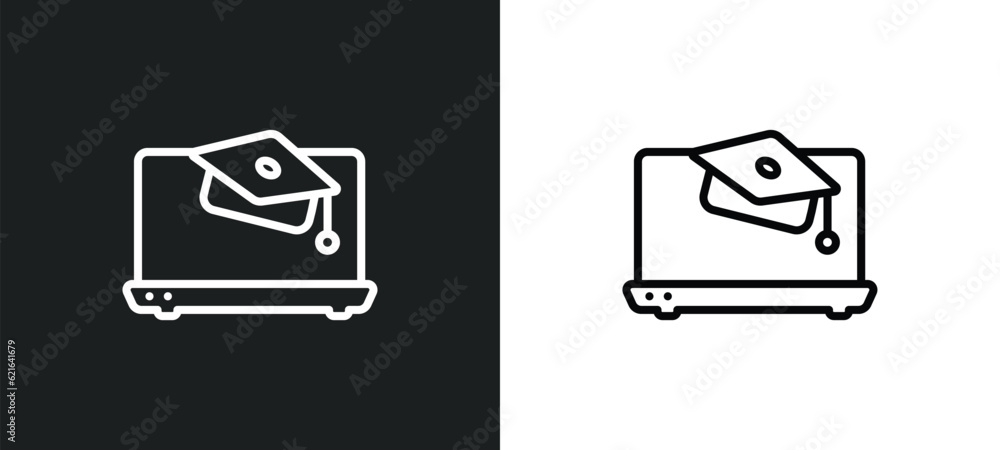 Poster laptop with a graduation cap outline icon in white and black colors. laptop with a graduation cap fl