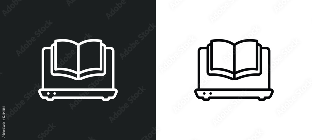 Poster laptop educational tool outline icon in white and black colors. laptop educational tool flat vector 