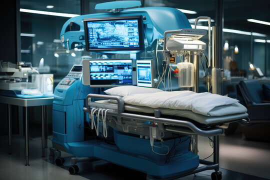 Modern equipment displayed in an operating room, highlighting medical devices used in neurosurgery. Generative Ai.
