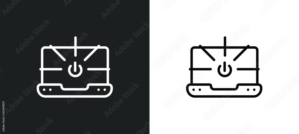 Poster open laptop with shining screen outline icon in white and black colors. open laptop with shining scr