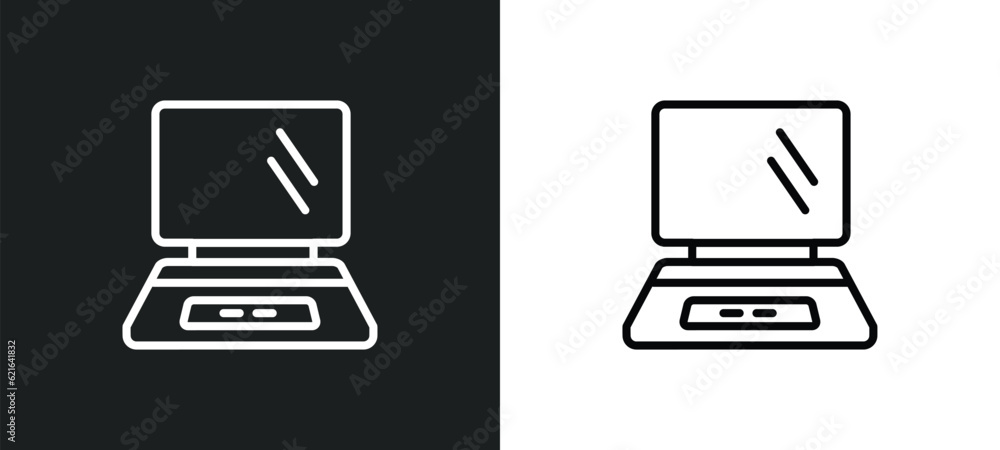 Poster laptop computer screen outline icon in white and black colors. laptop computer screen flat vector ic
