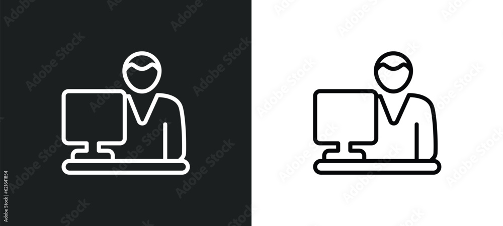 Poster personal computer and worker outline icon in white and black colors. personal computer and worker fl