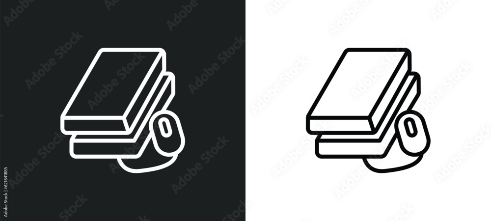 Poster book and computer mouse outline icon in white and black colors. book and computer mouse flat vector 
